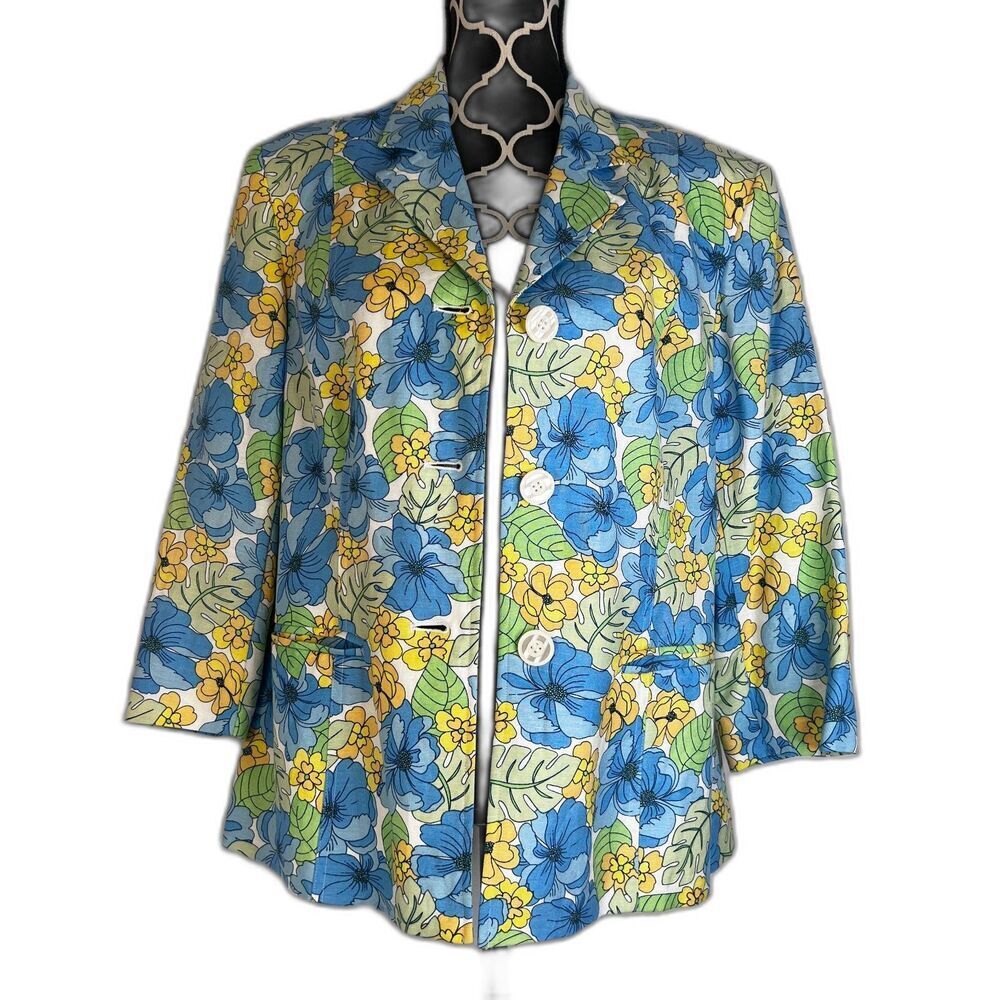 Norton McNaughton Blue Yellow Floral Print Linen Blend Lightweight Jacket Sz 12